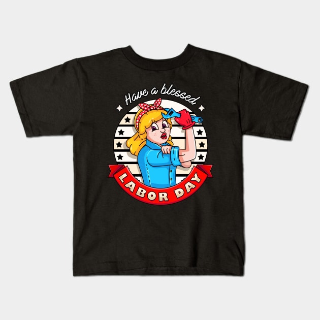 Labor Day. Retro cartoon lady showing off muscles while holding a wrench Kids T-Shirt by Vyndesign